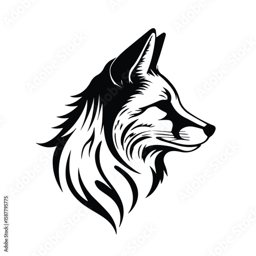 Black and white stylized fox head profile in a graphic design. A detailed illustration of a fox head in profile view, with stylized, decorative fur and features, against a plain white background.
