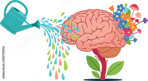 A brain being watered by a watering can with flowers growing out of the other side
