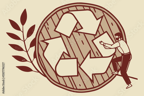 Circular wooden recycling symbol with rich brown texture, designed to support eco-conscious messaging in modern flat illustration style.