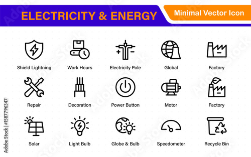 Electricity and energy supply icons. Set of wiring tools, LED lights, socket and switch, extension board, circuit box, and smart electricity meter illustrations.