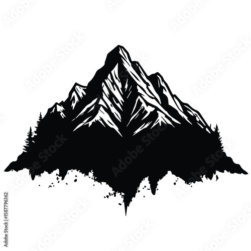 Mountain silhouette with dense forest base in monochromatic style. Dramatic peak with shaded valleys and trees. Nature lover's graphic illustration for apparel -