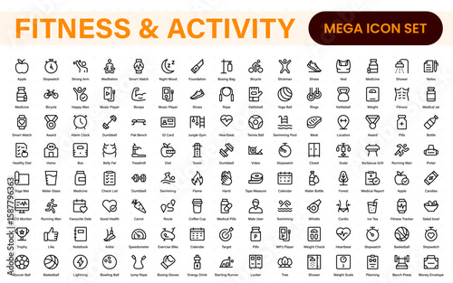 Fitness and activity icon set. Collection of strength training, cardio, stretching, sports ball, stopwatch, and nutrition line icons.