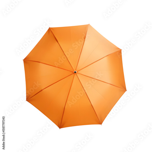 Bright orange umbrella open top view isolated on transparent background for protection from rain or sun