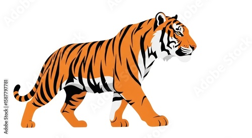 A digitally created illustration of a majestic tiger walking across a white background, showcasing its striped coat.