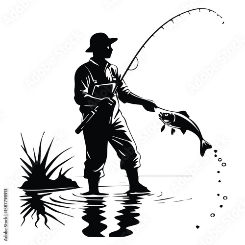 Silhouette of a fisherman in waders and hat with fishing rod holding a fish in a riverside setting. Male angler in action with water ripples and reeds in background.
