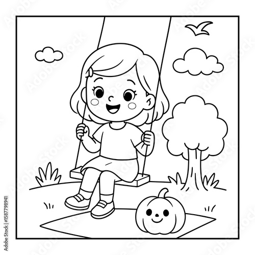 Cute girl on swing, Simple line art coloring page for kids
