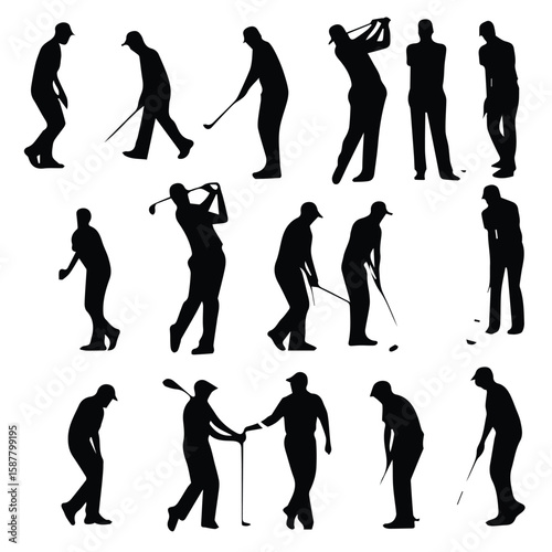 Male golfers in various golfing poses on a golf course. Active, dynamic silhouettes of golfers in different stances during a round of golf.