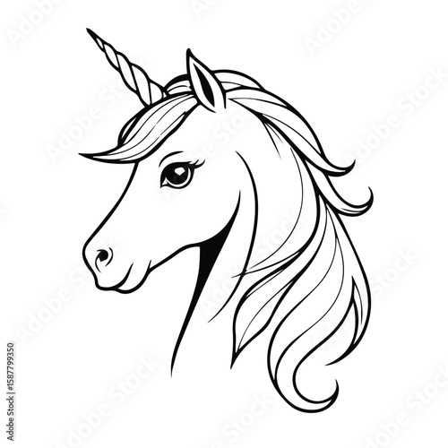 Line drawing of a unicorn head in profile view. Cute, stylized image of a unicorn head, with detailed mane and horn, for coloring or decorative use.