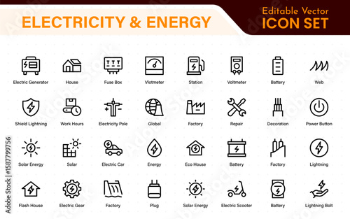 Electricity and energy supply icons. Set of wiring tools, LED lights, socket and switch, extension board, circuit box, and smart electricity meter illustrations.