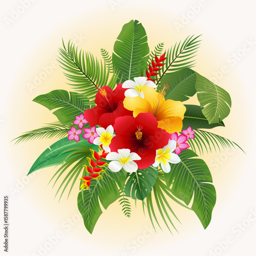 Tropical flowers bouquet with palm leaves and hibiscus. Vector illustration.