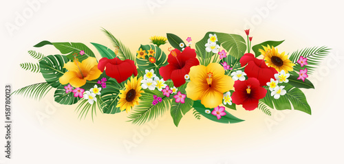 Tropical flowers bouquet with palm leaves and hibiscus. Vector illustration.