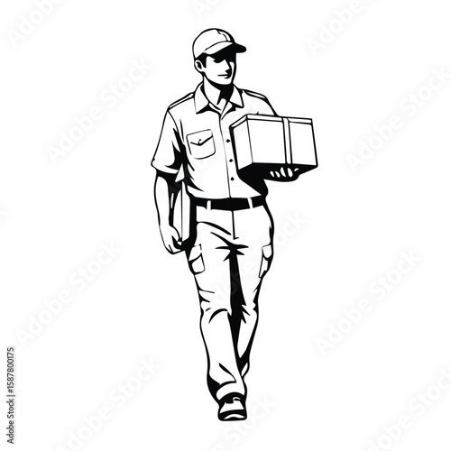 Male delivery person in uniform carrying package, walking on a plain background. Delivery professional walking in the city.