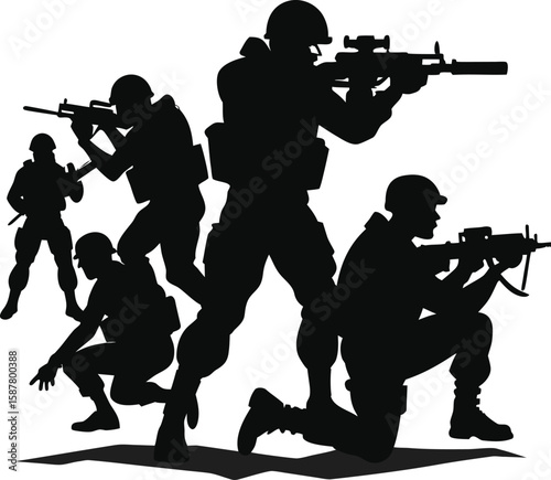 Black vector silhouettes of armed military soldiers aiming rifles