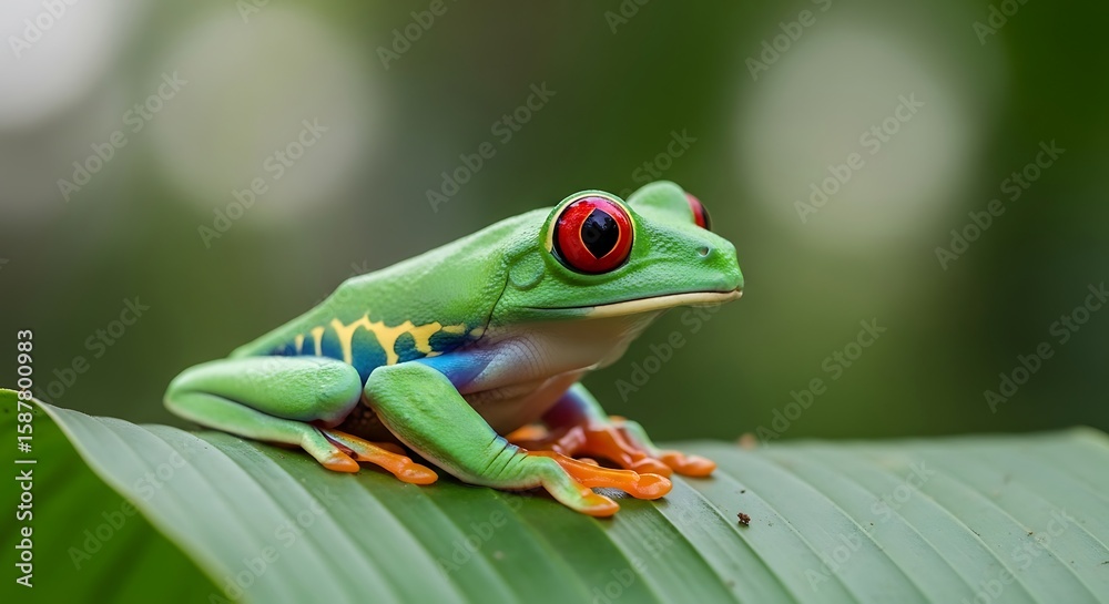 Obraz premium Red-eyed tree frog resting on a leaf in the rainforest with vibrant colors, a stunning macro shot
