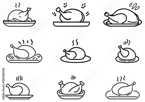 Nine steaming roasted turkeys are arranged nicely on a white transparent background