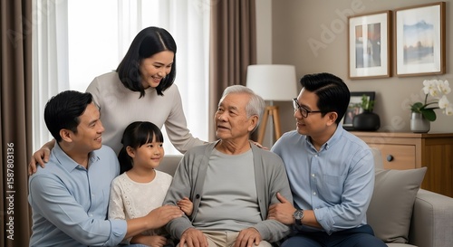 A beautiful portrait of a three-generation Asian family, symbolizing love, security, and the importance of family legacy and togetherness at home