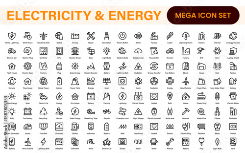 Electricity and energy supply icons. Set of wiring tools, LED lights, socket and switch, extension board, circuit box, and smart electricity meter illustrations.