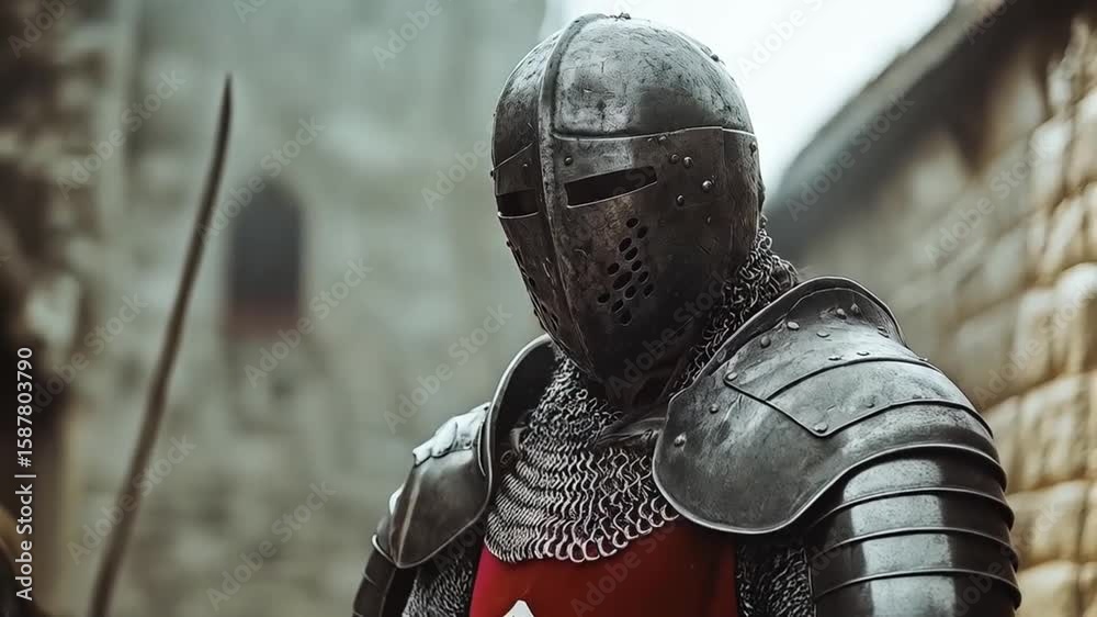 Knight in Armor Standing Proudly in Front of Ancient Castle Walls Stock ...