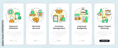 Benefits of capacity management onboarding mobile app screen. Walkthrough 5 steps editable graphic instructions with linear concepts. UI, UX, GUI. Montserrat SemiBold, Regular fonts used