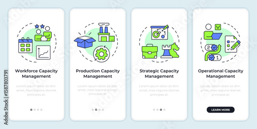 Types of capacity management onboarding mobile app screen. Resources. Walkthrough 5 steps editable graphic instructions with linear concepts. UI, UX, GUI. Montserrat SemiBold, Regular fonts used