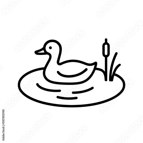 Duck on pond, symbolizing waterfowl farming – outline