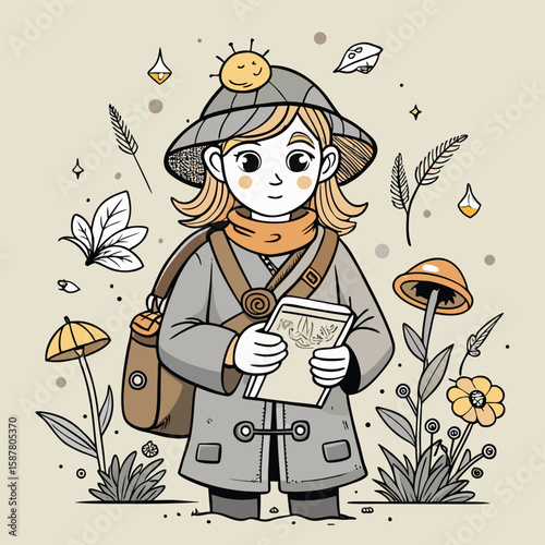 Cartoon illustration of a funny girl character with a sword and a hat, her hair flowing in the autumn breeze