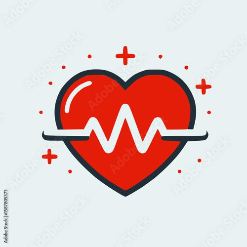 Flat solid red heart with pulse inside, medical and health concept, vector logo on white