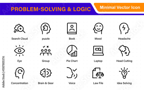 Problem-Solving and Logic Icons in Line Style. Investigate, Deduction, Strategy, Decision-Making, Facts, think, analyze, problem-solving, rational decision-making, collection.