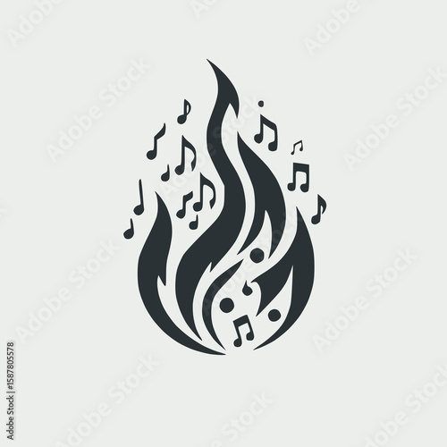Flat solid flame made of musical notes, symbolic music and passion logo,white background