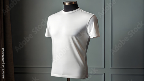 Clean white short sleeve t shirt displayed on a mannequin in a studio setting