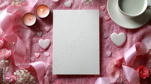 Blank card on pink fabric surrounded by candles, roses, ribbons, and heart shapes, creating a romantic, cozy atmosphere.