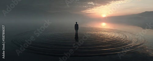 Full presence through mental reset concept. A solitary figure stands in tranquil water at sunrise.