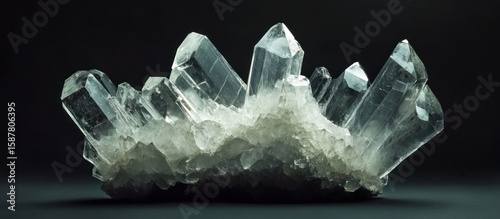 Cluster of clear quartz crystals on dark background