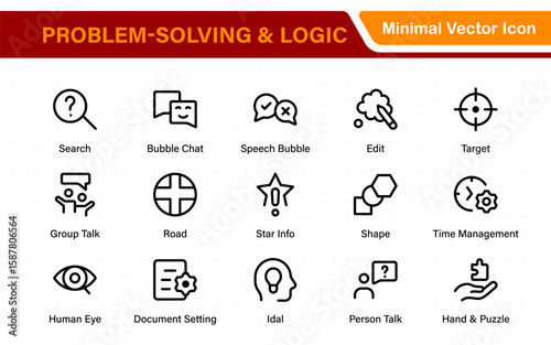 Problem-Solving and Logic Icons in Line Style. Investigate, Deduction, Strategy, Decision-Making, Facts, think, analyze, problem-solving, rational decision-making, collection.
