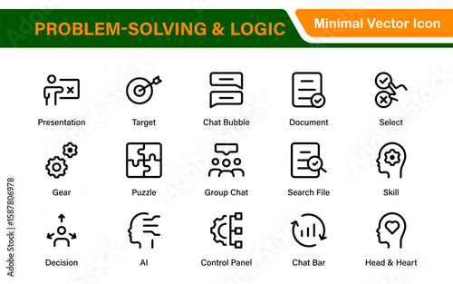 Problem-Solving and Logic Icons in Line Style. Investigate, Deduction, Strategy, Decision-Making, Facts, think, analyze, problem-solving, rational decision-making, collection.