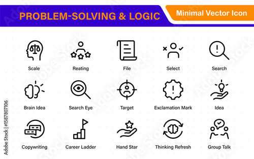 Problem-Solving and Logic Icons in Line Style. Investigate, Deduction, Strategy, Decision-Making, Facts, think, analyze, problem-solving, rational decision-making, collection.