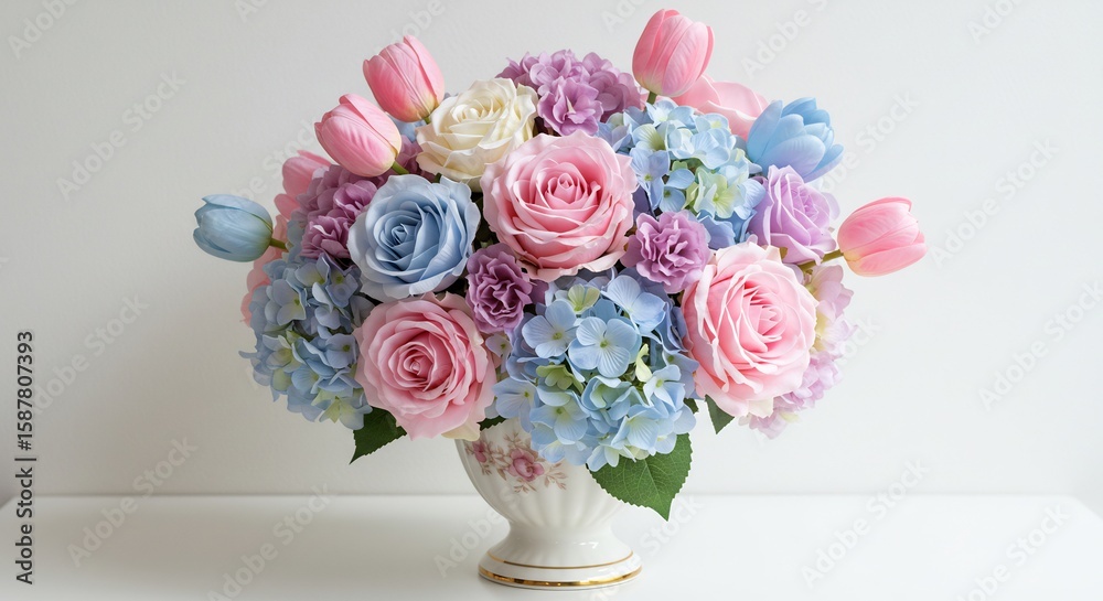 Obraz premium 優美なパステルカラーの花束 柔らかな光で輝くバラとチューリップ. AI Generated