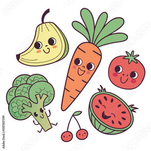 Adorable cartoon fruits and vegetables illustration featuring banana carrot broccoli tomato watermelon and cherries with happy smiling faces