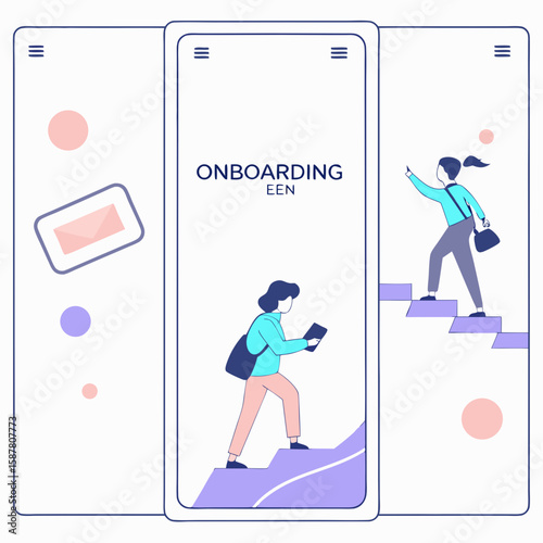 Illustrated depiction of a mobile phone screen displaying the onboarding process for a new user with graphical elements