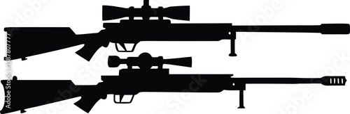 Vector silhouette set of automatic and semi-automatic firearms, including assault rifles, pistols, and machine guns, with accompanying bullets, ideal for military and war-related illustrations