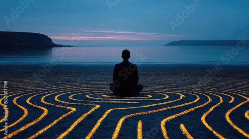 Full presence through mental reset concept. A tranquil moment of meditation by the serene coastline at dusk.