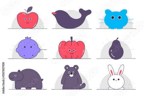 Playful minimalist illustration of cute cartoon animals and fruits featuring charming apple, bird, and bear designs, available for transparent backgrounds.