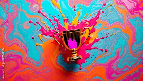 Triumph in Technicolor Golden Trophy Bursting with Vibrant Splashes on an Abstract Marbled Background