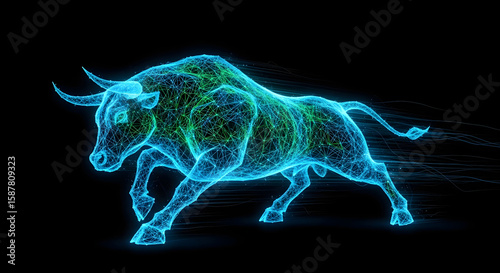 Dynamic energy of a neon bull charging forward digital art dark background futuristic aesthetic