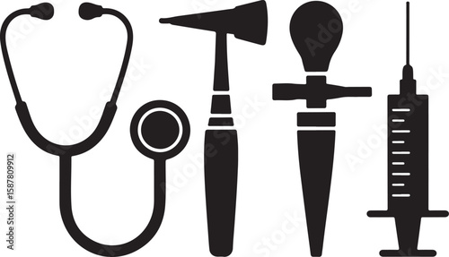 Black-and-White Silhouettes of Medical Instruments Featuring Stethoscope, Otoscope, Bulb Device, and Syringe with Needle