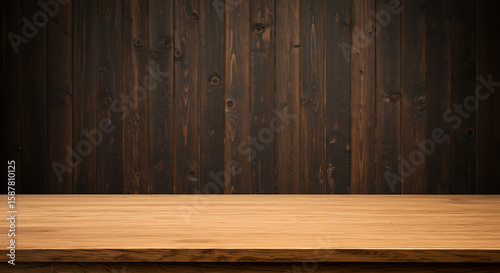 Empty wooden table foreground with a textured dark wood plank background for display.

