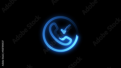 Neon blue phone icon with a check mark symbol representing a successful call on black background