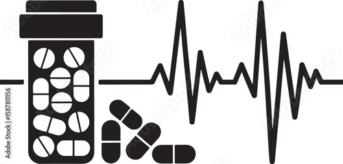 Black-and-White Medical Graphic Featuring Heartbeat Line, Heart Icon, Pill Bottle, Capsules, and Medical Cross Symbol