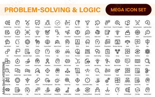 Problem-Solving and Logic Icons in Line Style. Investigate, Deduction, Strategy, Decision-Making, Facts, think, analyze, problem-solving, rational decision-making, collection.