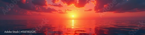 Crimson and orange streaks across the water, sun rising majestically , sunrise over ocean, ocean